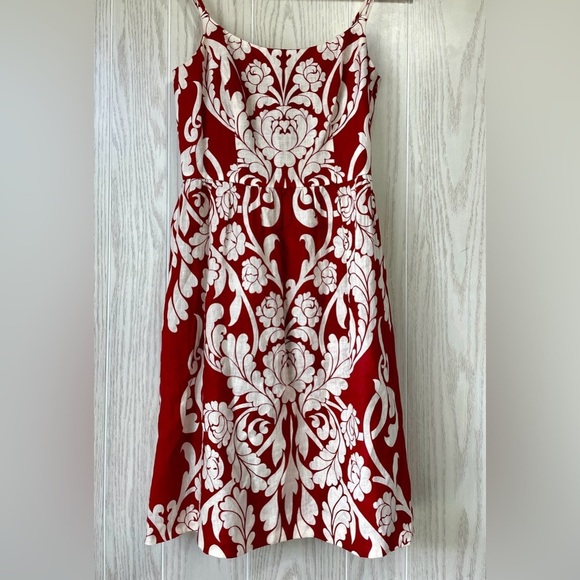 ANN TAYLOR Red Damask Print Linen Blend Dress 2 Petite EUC - Picture 1 of 5